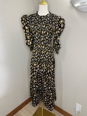 Little Mistress London Smocked Midi Dress Size 10 NWT Puff Sleeve Printed